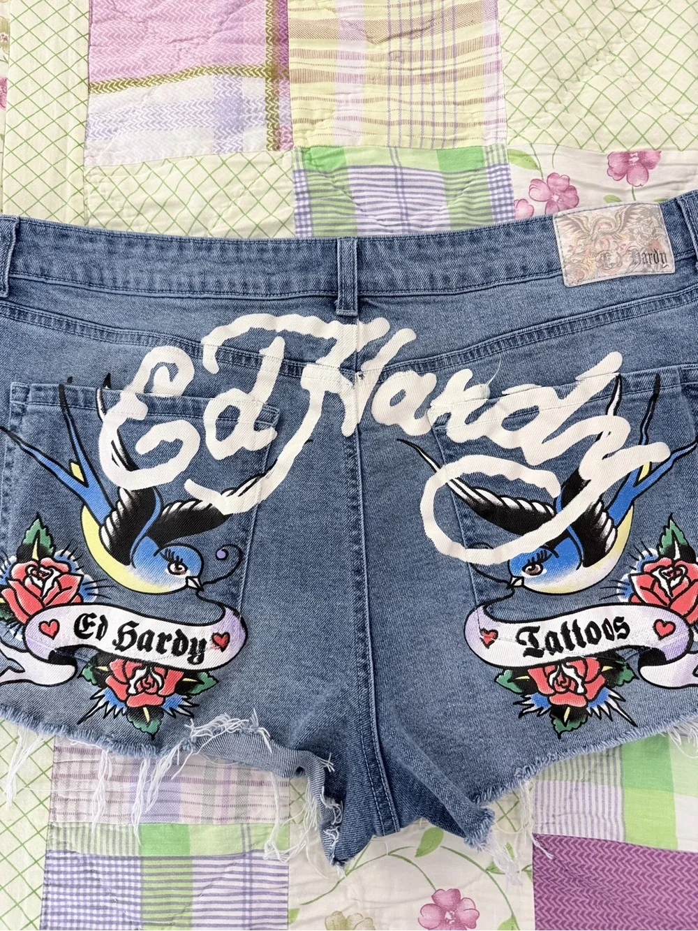 Ed Hardy Born Free Blue Bird Tattoo Graphic Cutoff Jean Shorts 18W